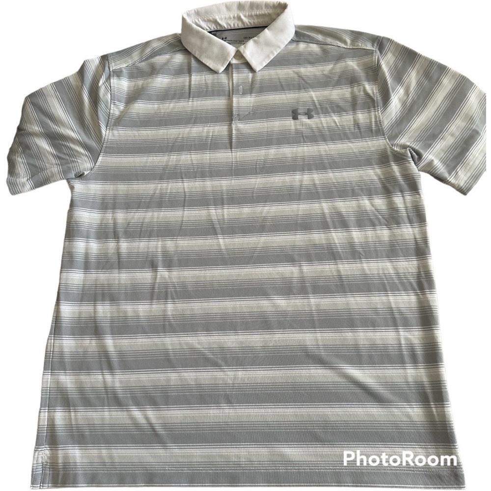 Under Armour Mens large heat gear polo white/gray strips